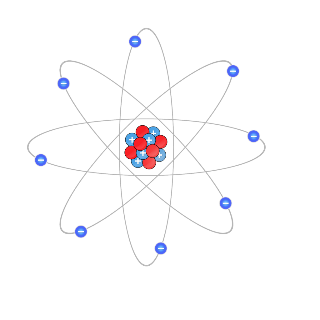 Image of an atom. Electricity is due to the separation of charged atomic particles.