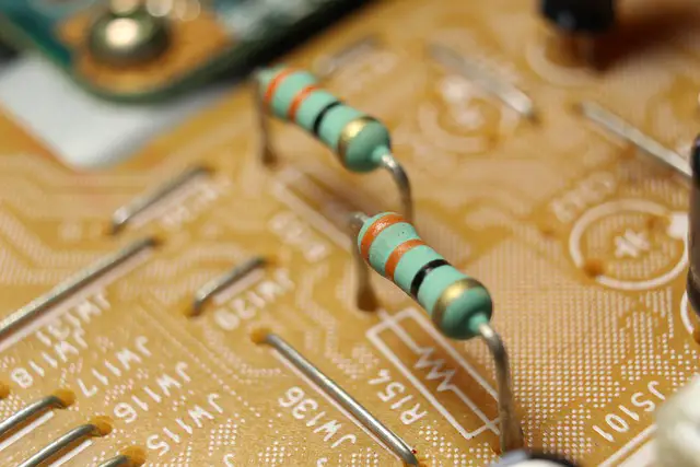 Resistors mounted on a printed circuit board (PCB)