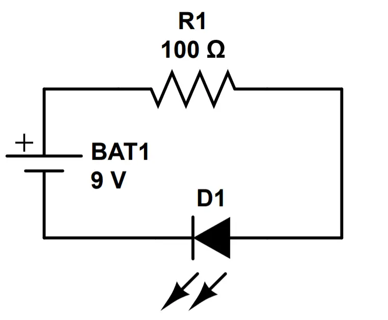 A DC circuit consisting of a battery, resistor, and LED.
