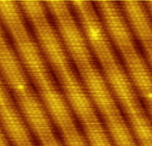 A scanning tunneling microscope image of gold atoms.