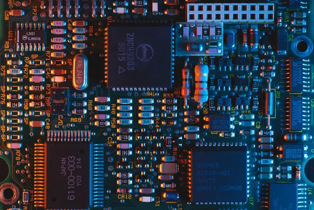 A printed circuit board (PCB) with semiconductor-based integrated circuits.