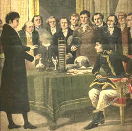 Alessandro Volta showing his Voltaic pile, the world's first battery, to Napoleon Bonaparte.
