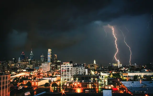 Lightning over a city.