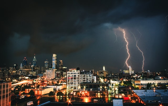 Lightning over a city.