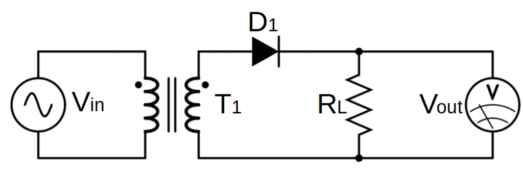 Circuit diagram of a half-wave rectifier with the addition of a step-down transformer and a voltmeter to measure the output across the load.