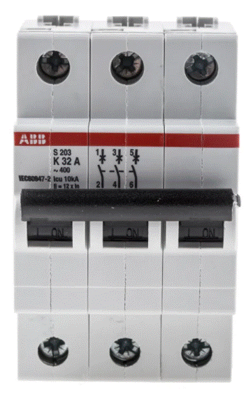 A 32 amp, 3-pole, K-type MCB.