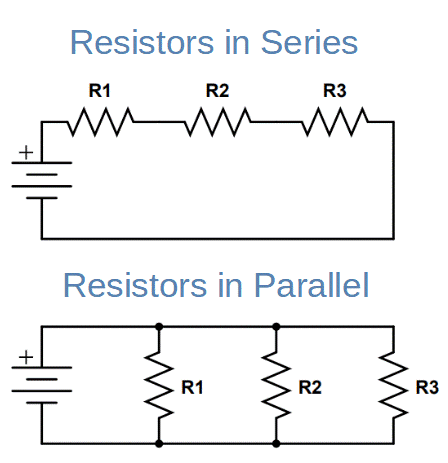 Circuit diagram for series and parallel resistors.