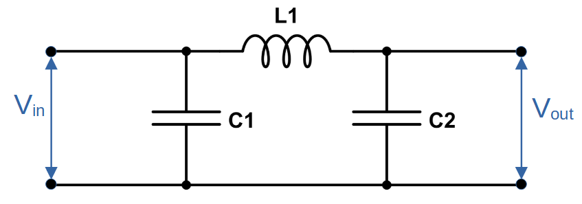 Pi filter circuit diagram, with input and output labelled.
