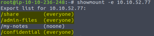 Using the showmount command - highlighted results.