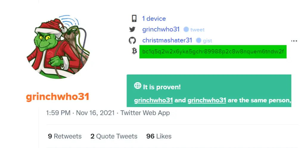The grinchwho31 account, with bitcoin address highlighted.