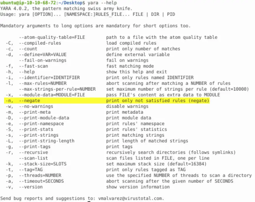 The yara help page, with -n option highlighted.