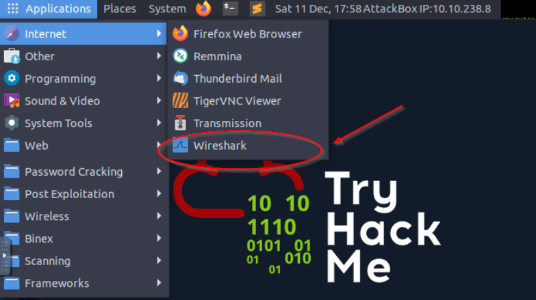 Opening Wireshark on the AttackBox.