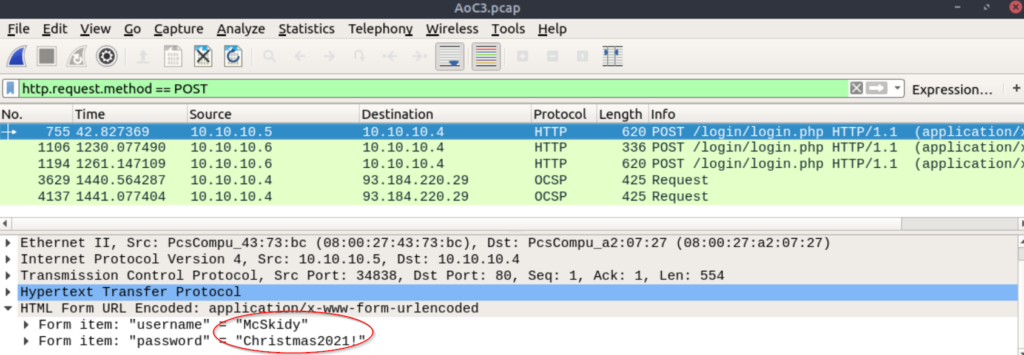 Finding credentials in POST request using Wireshark.