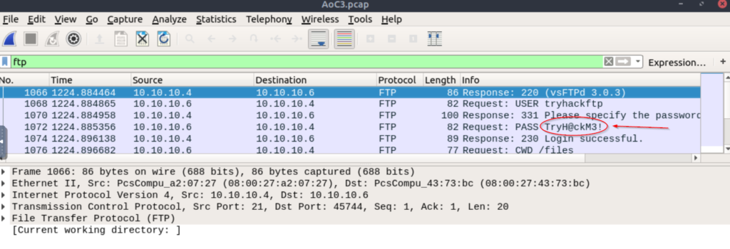 FTP filter in Wireshark.