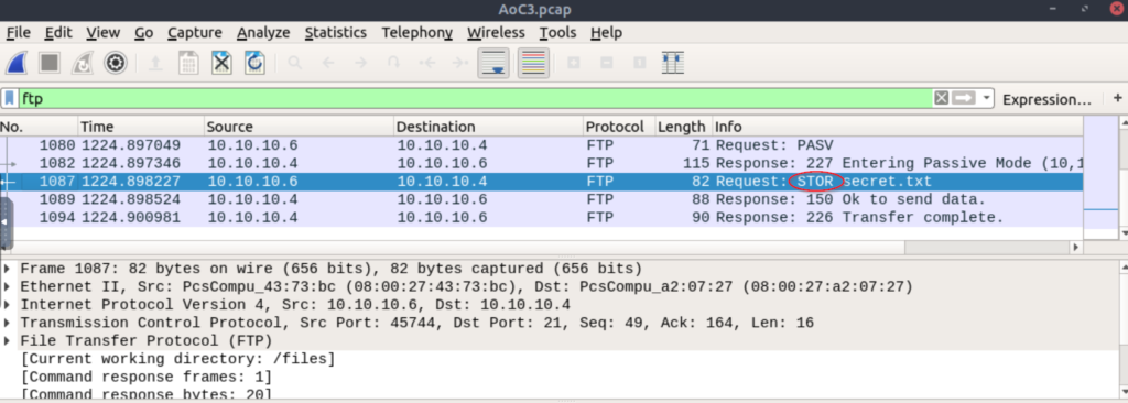 Command shown in 'info' column in Wireshark.