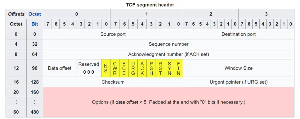 Headers included in a TCP segment.