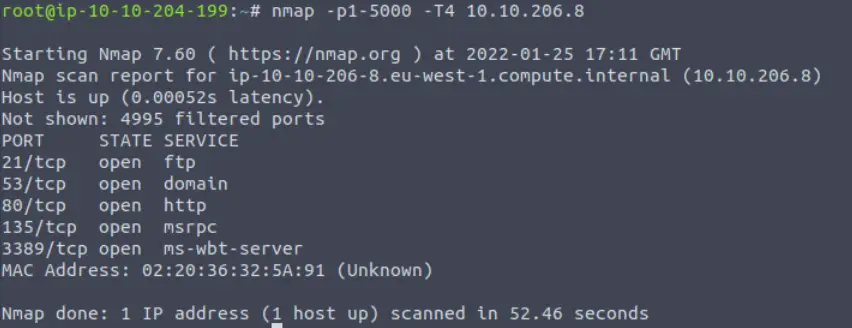 Scanning the first 5000 ports of a target using nmap.