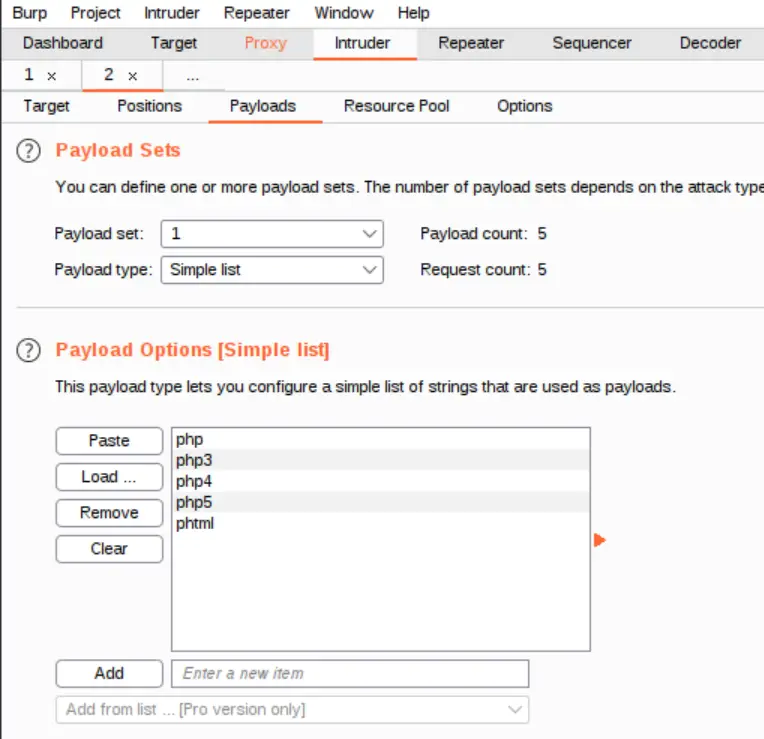 Setting the payload in BurpSuite intruder.