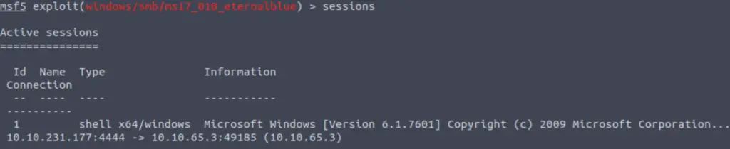 Using the 'sessions' command in metasploit.
