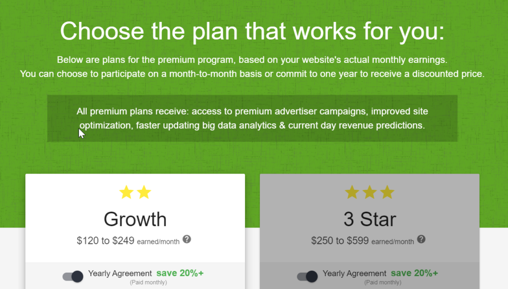 Ezoic premium levels are designed to scale with and improve website earnings.