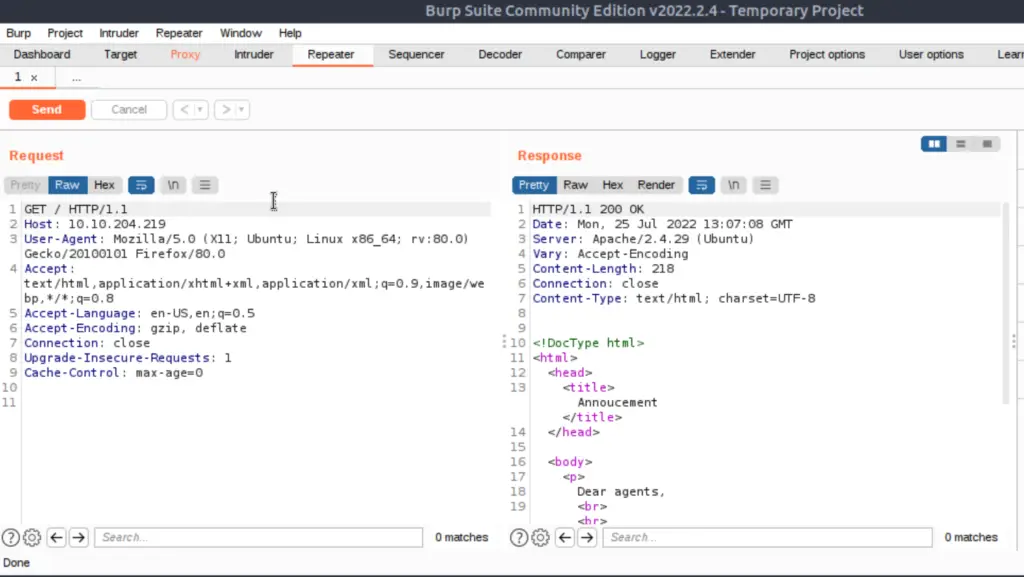 Using Burp Suite to intercept the Get request in Agent Sudo.