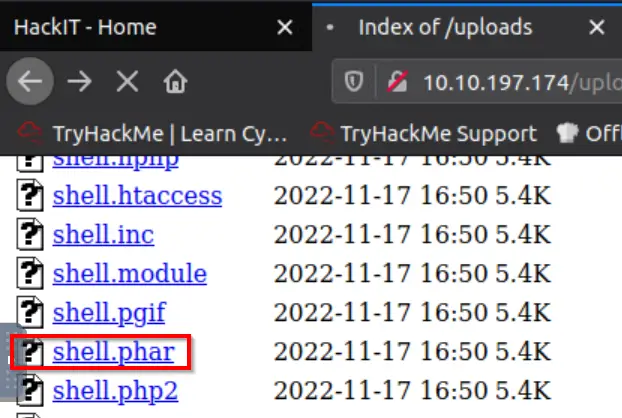 shell.phar hangs and gives us a reverse shell, i.e. it executes the code