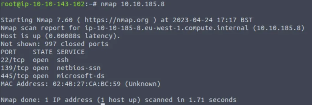 Running nmap on the SMB target in TryHackMe Network Services