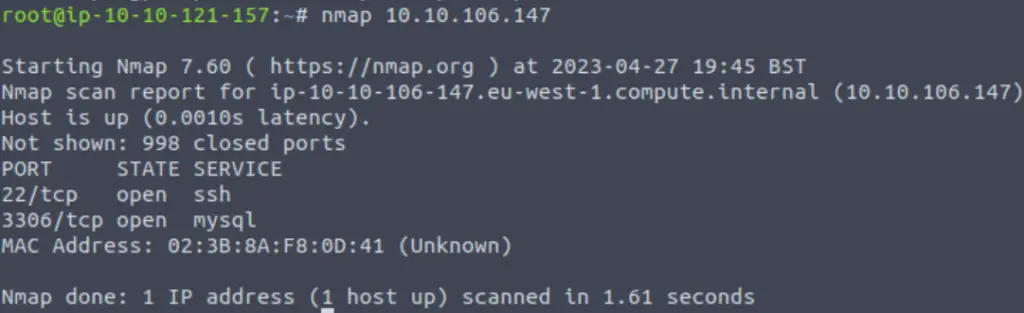 Nmap on the MySQL box in TryHackMe Network Services 2
