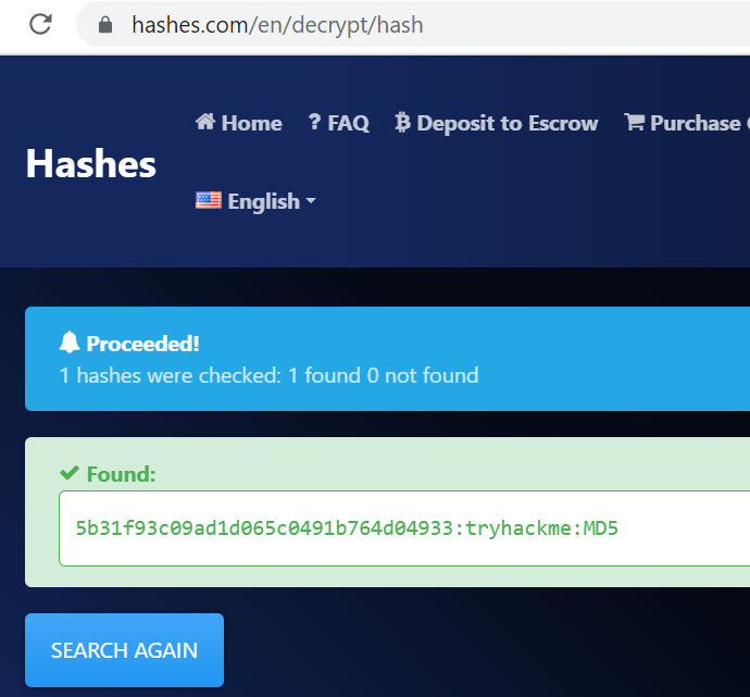 Using hashes.com to crack an MD5 hash.