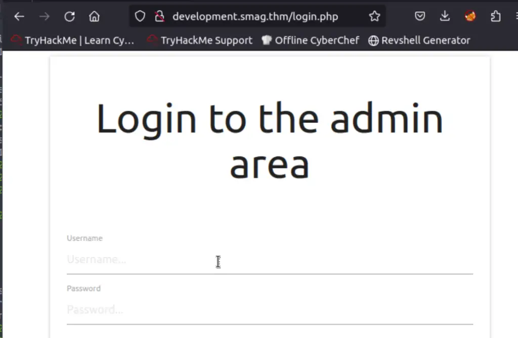 Admin area login on TryHackMe Smag Grotto