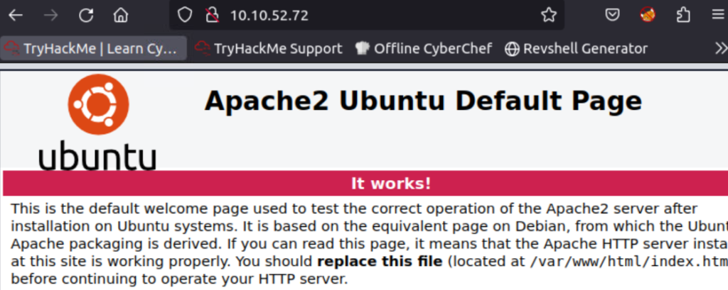 Default Apache page on TryHackMe Wgel CTF.