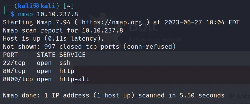 Running nmap on TryHackMe Bolt