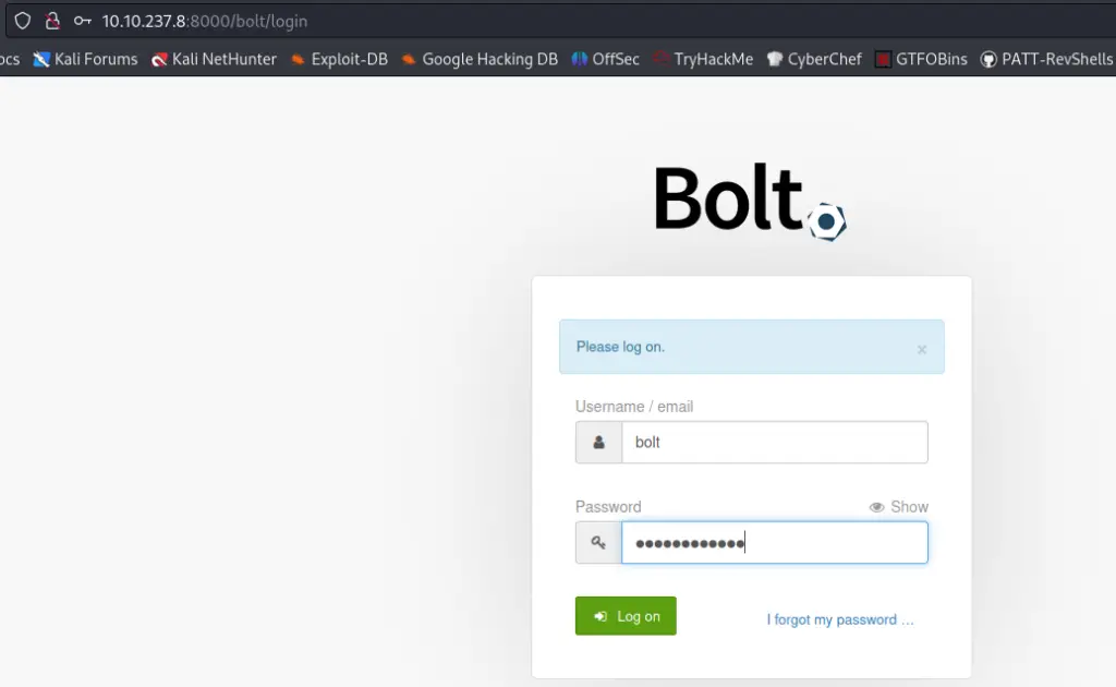 Logging in with the found credentials on TryHackMe Bolt