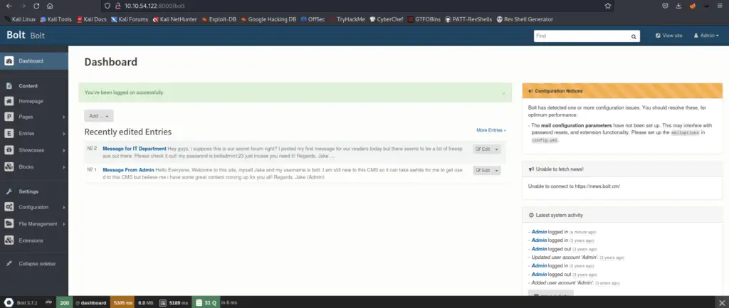 Accessing the admin dashboard on TryHackMe Bolt.