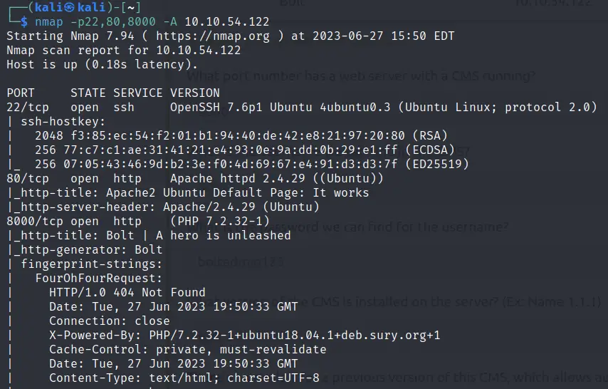 Nmap -A scan on TryHackMe Bolt