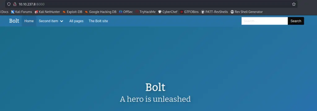 Port 8000 is hosting Bolt CMS on TryHackMe Bolt