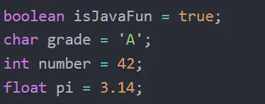 Declaring variables with a variety of common data types in Java.
